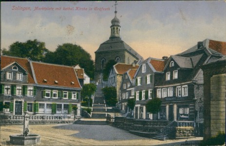 Alte Ansichtskarte Solingen-Gräfrath, Marktplatz mit kathol. Kirche