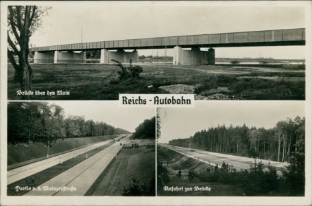 Alte Ansichtskarte Reichs-Autobahnstrecke Frankfurt a/M. - Darmstadt, Brücke über den Main, Partie v. d. Mainzerstraße, Anfahrt zur Brücke