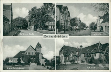 Alte Ansichtskarte Dortmund-Schüren, Schürener Straße, Schürufer, Evang. Gemeindehaus, Kath. Kirche