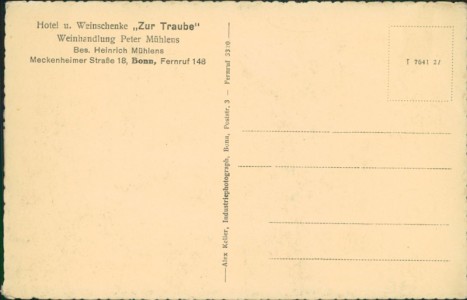 Adressseite der Ansichtskarte Bonn, Hotel u. Weinschenke "Zur Traube", Weinhandlung Peter Mühlens, Meckenheimer Straße 18, Bonn, Fernruf 148