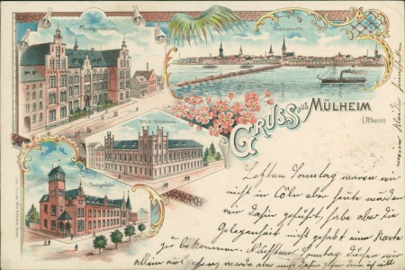 Alte Ansichtskarte Köln-Mülheim, Realgymnasium, Rheinansicht, Städt. Webschule, Postgebäude