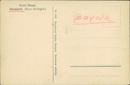 Adressseite der Ansichtskarte Garmisch-Partenkirchen, Hotel Husar