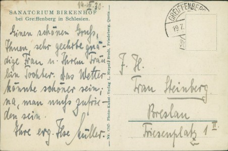 Adressseite der Ansichtskarte Greiffenberg / Gryfów Śląski, Sanatorium Birkenhof
