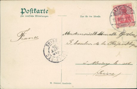 Adressseite der Ansichtskarte Saarlouis, Deutsche Strasse