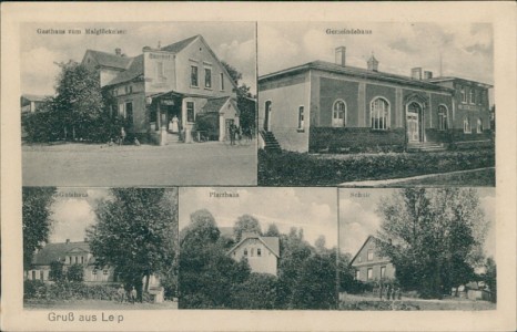 Alte Ansichtskarte Leip / Lipowo, Gasthaus zum Maiglöckchen, Gemeindehaus, Gutshaus, Pfarrhaus, Schule