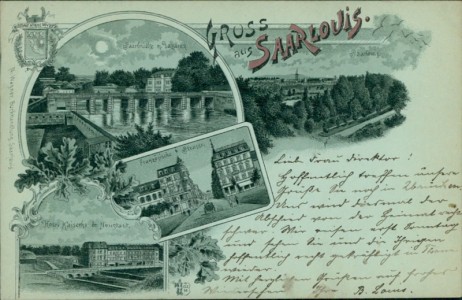 Alte Ansichtskarte Gruss aus Saarlouis, Saarbrücke m. Lazarett, Saarlouis, Französische Strasse, Hotel Kaiserhof & Neustadt