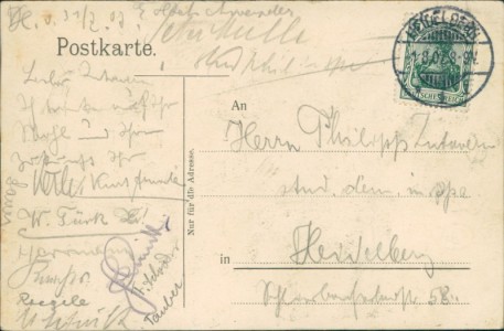Adressseite der Ansichtskarte Studentika, Abiturium 1907, Oberrealschule Heidelberg, Esel