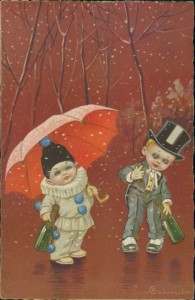 Alte Ansichtskarte Emilio Colombo, Mädchen als Pierrot mit Schirm und Sekt, Knabe mit Zylinder