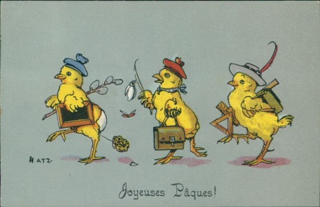 Alte Ansichtskarte Joyeuses Pâques / Frohe Ostern, vermenschlichte Küken