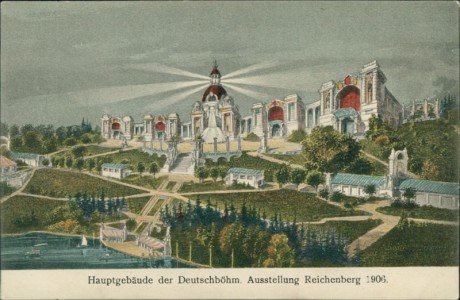 Alte Ansichtskarte Reichenberg / Liberec, Hauptgebäude der Deutschböhm. Ausstellung Reichenberg 1906 (HORIZONTALER KNICK)