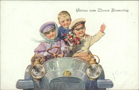 Alte Ansichtskarte Karl Feiertag, Grüsse vom Wiener Blumentag. Kinder im Auto