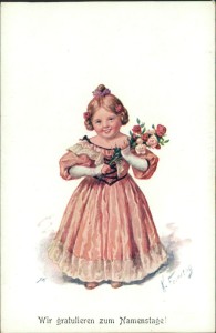 Alte Ansichtskarte Karl Feiertag, Wir gratulieren zum Namenstage. Mädchen mit Blumenstrauß