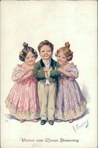 Alte Ansichtskarte Karl Feiertag, Grüsse vom Wiener Blumentag. Mädchen im Ballkleid, Knabe im Frack