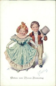 Alte Ansichtskarte Karl Feiertag, Grüsse vom Wiener Blumentag. Mädchen im Abendkleid, Knabe mit Zylinder