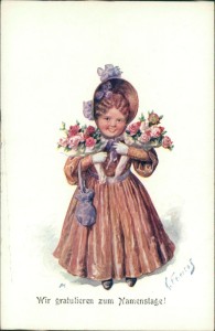 Alte Ansichtskarte Karl Feiertag, Wir gratulieren zum Namenstage! Mädchen mit Blumensträußen