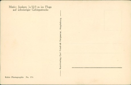 Adressseite der Ansichtskarte Aus deutschen Landen, Junkers Ju 52/3 m im Fluge auf schwieriger Gebirgsstrecke