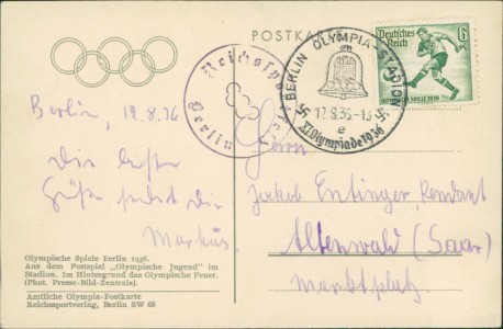 Adressseite der Ansichtskarte Olympische Spiele Berlin 1936, Aus dem Festspiel "Olympische Jugend" im Stadion. Im Hintergrund das Olympische Feuer