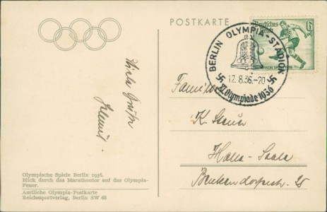 Adressseite der Ansichtskarte Olympische Spiele Berlin 1936, Blick durch das Marathontor auf das Olympia-Feuer