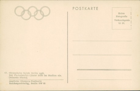 Adressseite der Ansichtskarte Olympische Spiele Berlin 1936, Der Fackelstaffel-Läufer trifft im Stadion ein