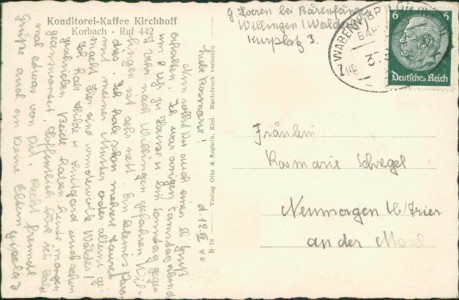 Adressseite der Ansichtskarte Korbach, Konditorei-Kaffee Kirchhoff
