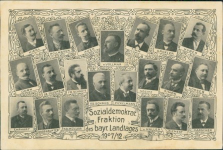 Alte Ansichtskarte Sozialdemokratische Fraktion des bayr. Landtages 1907/12, Herren Hierl, Rollwagen, Auer, v. Vollmar, Timm u.a.