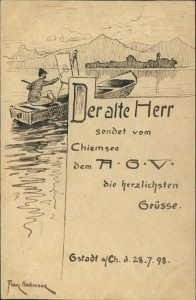 Alte Ansichtskarte Studentika, AGV Dresden (akademischer Gesangverein). Der alte Herr sendet vom Chiemsee dem A. G. V. die herzlichsten Grüsse (handgemalt auf Bayern-Ganzsache, Unikat)