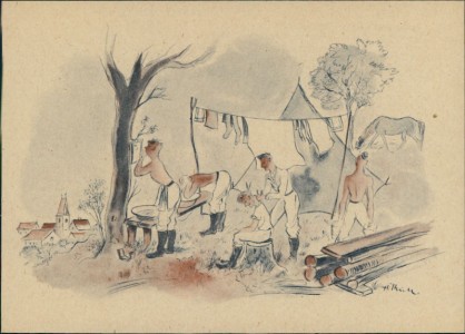 Alte Ansichtskarte Katzenwäsche, Zeichnung Soldat H. Thiele, Entnommen aus "Soldatenblätter für Feier und Freizeit"