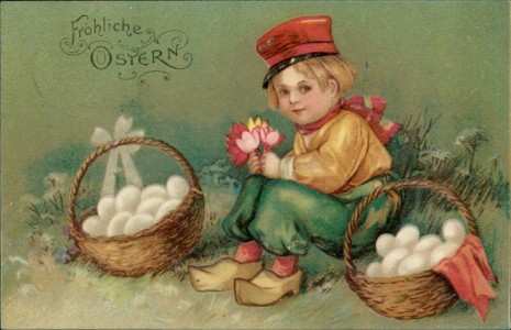 Alte Ansichtskarte Fröhliche Ostern, Knabe mit Körben voller Eier
