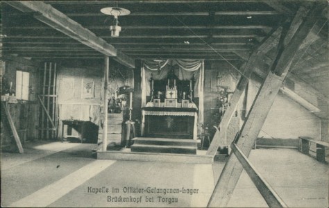 Alte Ansichtskarte Kapelle im Offizier-Gefangenen-Lager Brückenkopf bei Torgau, 