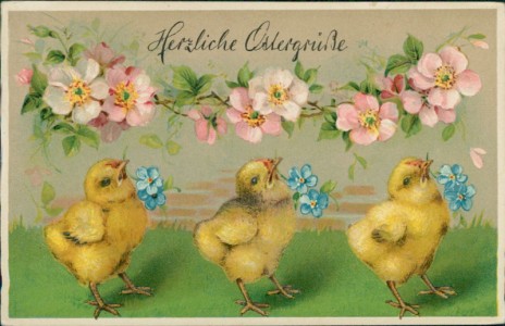 Alte Ansichtskarte Herzliche Ostergrüße, Küken mit Vergissmeinnicht, Rosen