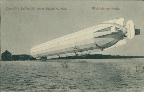 Alte Ansichtskarte Zeppelin's Luftschiff, neues Modell 4, 1908. Rückkehr zur Halle