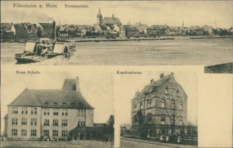 Alte Ansichtskarte Flörsheim am Main, Totalansicht, Neue Schule, Krankenhaus