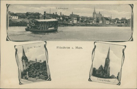 Alte Ansichtskarte Flörsheim am Main, Totalansicht, Kath. Kirche, Evang. Kirche