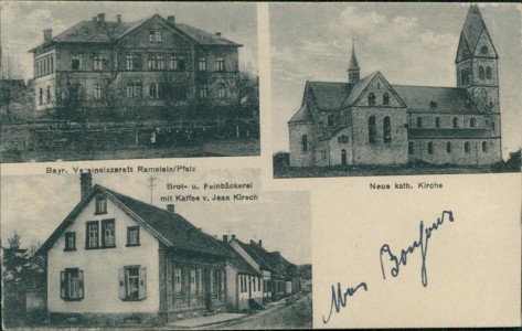 Alte Ansichtskarte Ramstein, Bayr. Vereinslazarett, Brot- u. Feinbäckerei mit Kaffee v. Jean Kirsch, Neue kath. Kirche