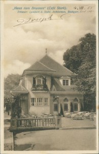 Alte Ansichtskarte Stuttgart, Bauausstellung 1908, "Haus zum Brunnen" (Café Stark). Erbauer: Lambert & Stahl, Architekten, Stuttgart