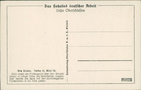 Adressseite der Ansichtskarte Unser Oberschlesien, Die Grube. Das Fördergerüst