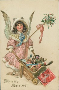 Alte Ansichtskarte Bonne Année / Frohes neues Jahr, Engel mit Schubkarren voller Spielzeug