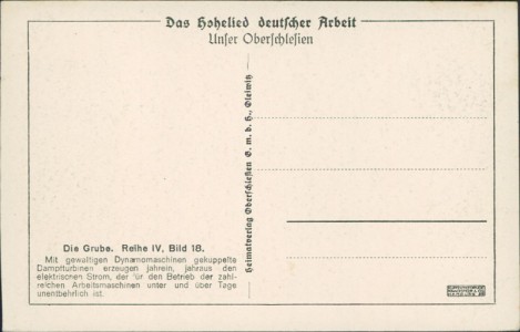 Adressseite der Ansichtskarte Unser Oberschlesien, Die Grube. In der Kraftzentrale