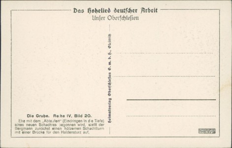 Adressseite der Ansichtskarte Unser Oberschlesien, Die Grube. Abteufen eines Schachtes