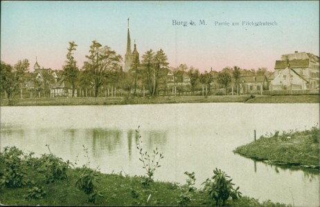 Alte Ansichtskarte Burg b. Magdeburg, Partie am Flickschuteich