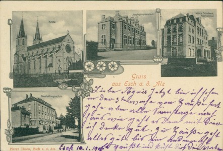 Alte Ansichtskarte Esch-sur-Alzette, Kirche, Jünglingsvereinshaus, Neues Schulhaus Alzettstrasse, Haushaltungsschule
