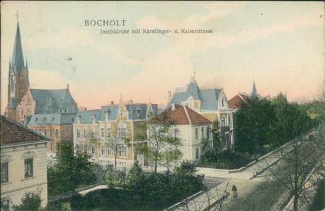 Alte Ansichtskarte Bocholt, Josefskirche mit Karolinger- u. Kaiserstrasse