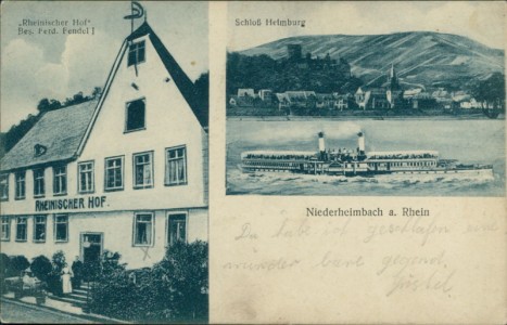 Alte Ansichtskarte Niederheimbach a. Rhein, "Rheinischer Hof", Bes. Ferd. Fendel, Schloß Heimburg, Rheindampfer