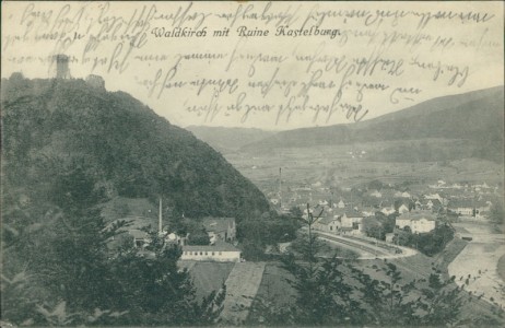 Alte Ansichtskarte Waldkirch, Ruine Kastelburg, Bahnstrecke mit Bahnhof