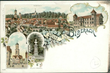 Alte Ansichtskarte Biberach an der Riß, Gesamtansicht, Turnhalle, Kirche, Wieland-Denkmal