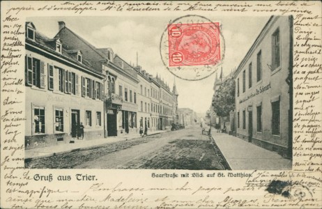 Alte Ansichtskarte Trier, Saarstraße mit Blick auf St. Matthias