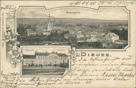 Alte Ansichtskarte Dieuze, Totalansicht, Bahnhof - gare