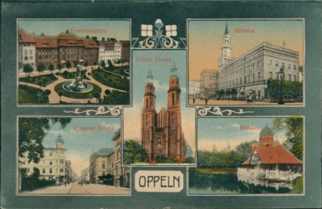 Alte Ansichtskarte Oppeln / Opole, Friedrichsplatz, Kathol. Kirche, Rathaus, Krakauer Straße, Eishaus mit Synagoge