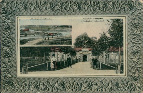 Alte Ansichtskarte Dreikaiserreichsecke bei Myslowitz, Gartenetablissement (KNICKE / BENDS)