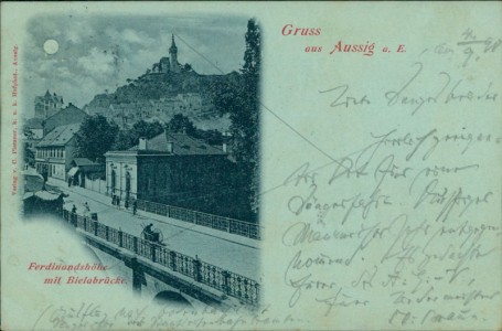 Alte Ansichtskarte Aussig / Ústí nad Labem, Ferdinandshöhe mit Bielabrücke, Mondschein